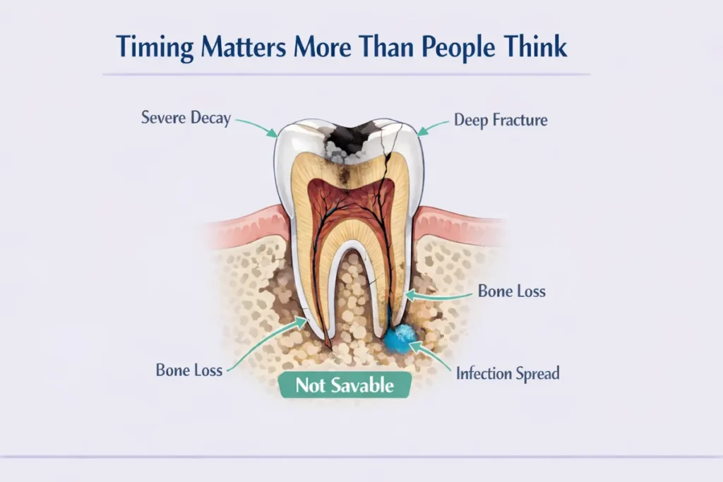 Illustration of a severely damaged tooth showing decay, fracture, infection spread, and bone loss